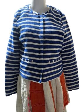 Gap Blue White Striped Boucle Jacket Size 6 Collarless Lined Coastal Nautical